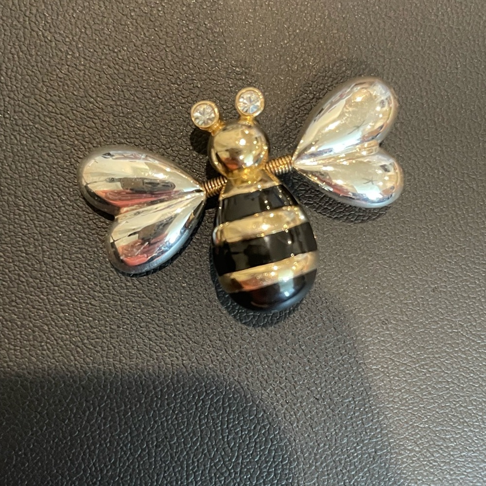 Vtg Bumble Bee Trembler Spring Wings Brooch Pin Gold‎ & Silver Rhinestone Eyes